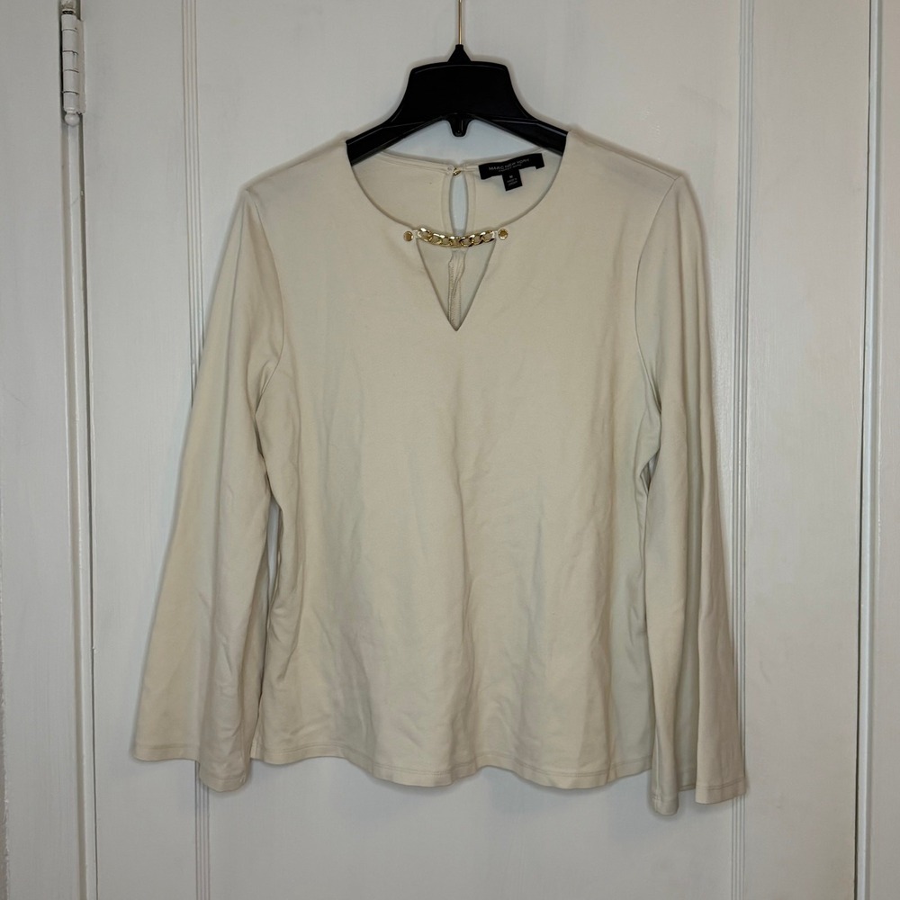Marc New York Andrew Marc Cream Gold Chain V-Neck Bell Sleeve Top Medium
